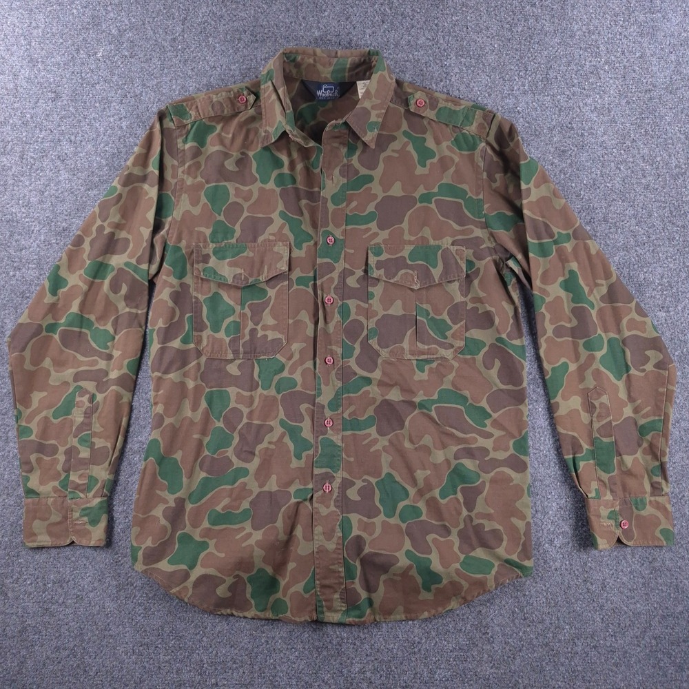 Vintage Woolrich Mens Camo Button Down Shirt Duck Hunter Green Cotton M 5813